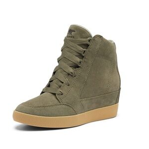 Sorel Evie Suede Wedge High-Top Sneakers in Olive Green